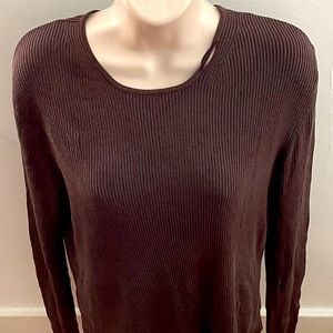 Barneys New York brown silk blend ribbed long sleeve crewneck summer top, size M